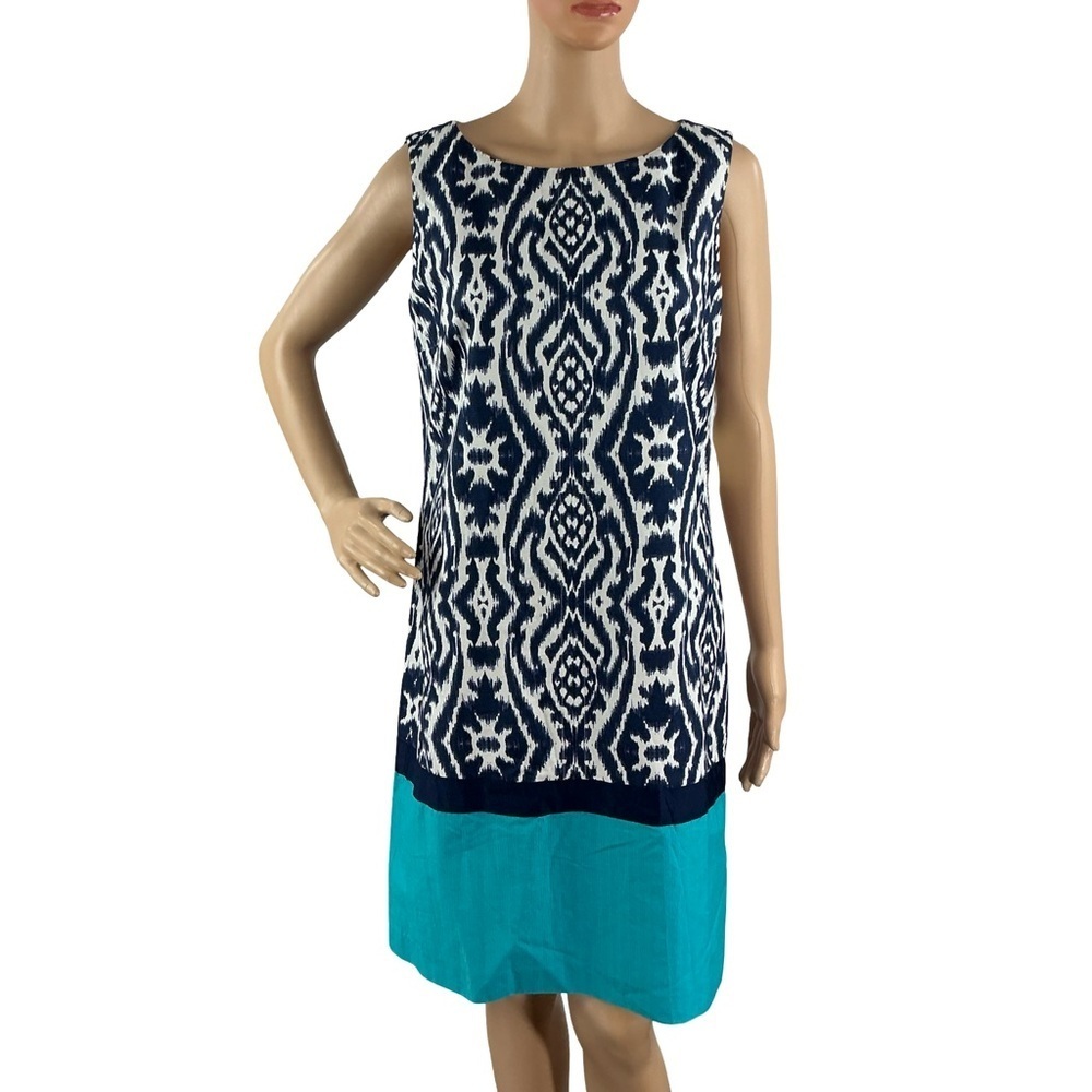 Anne Klein Ikat Print Shift Dress Navy White Colorblock Size 8